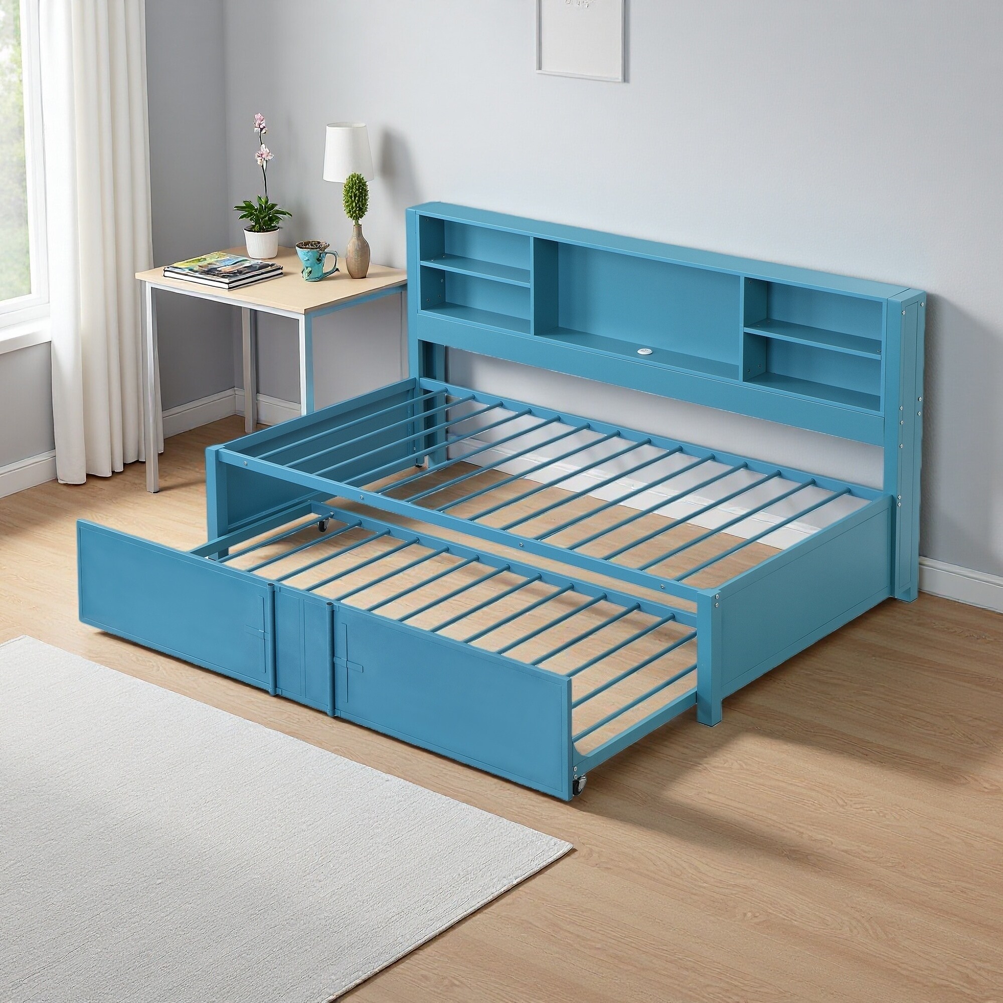 Twin Metal Daybed with Trundle, Storage Shelves & USB, Industrial Design