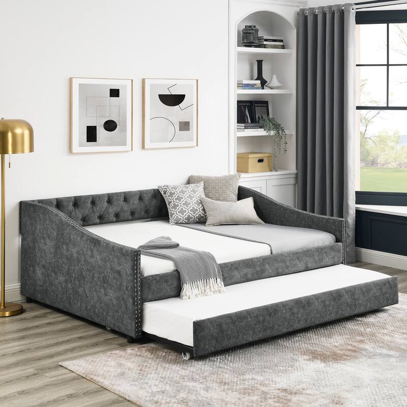 Button Tufted Sofa Bed with Pull Out Bed & Nailhead Decorative Arms