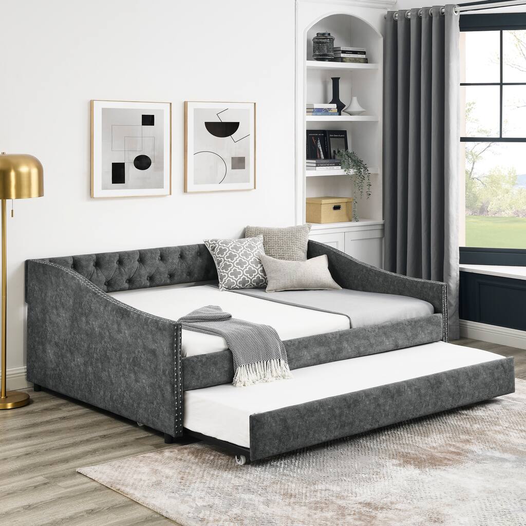 Daybed with Twin Size Trundle Upholstered Tufted Sofa Bed, with Copper Nail