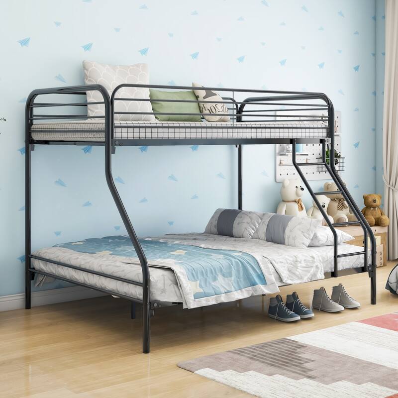 Heavy Duty Twin-Over-Full Metal Bunk Bed with Inclined Ladder, Safety Guardrails & Under-Bed Storage - No Box Spring Needed