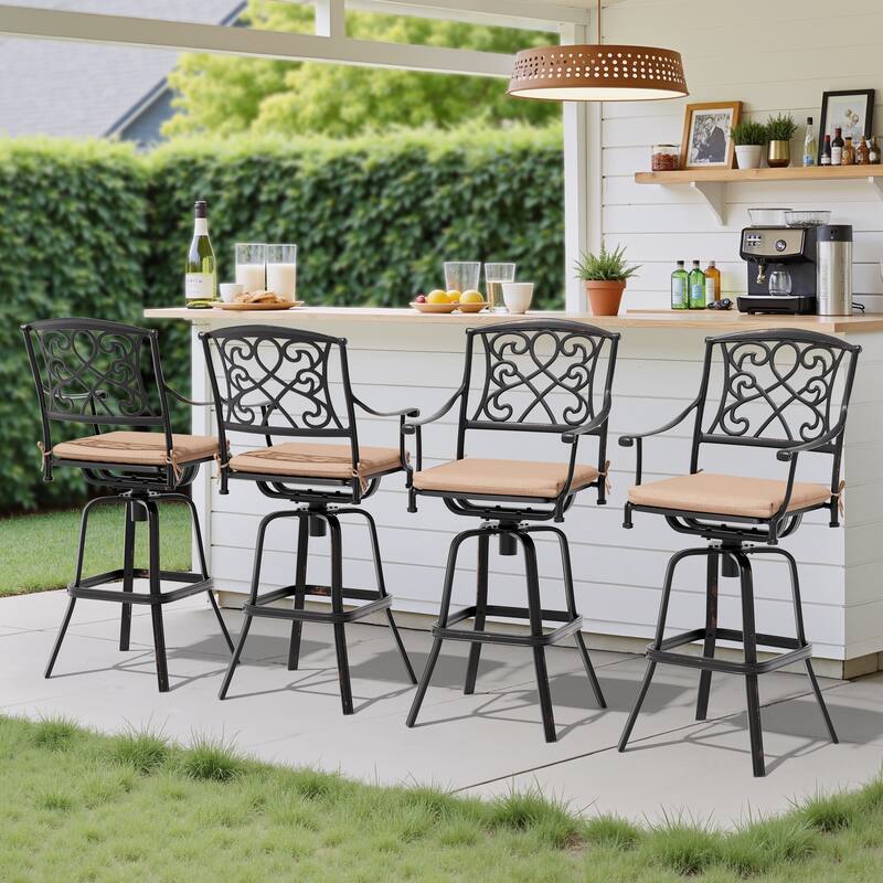 Set of 2/4 Outdoor Cast Aluminum Swivel Bar Stools with Sunbrella Fabric Cushion