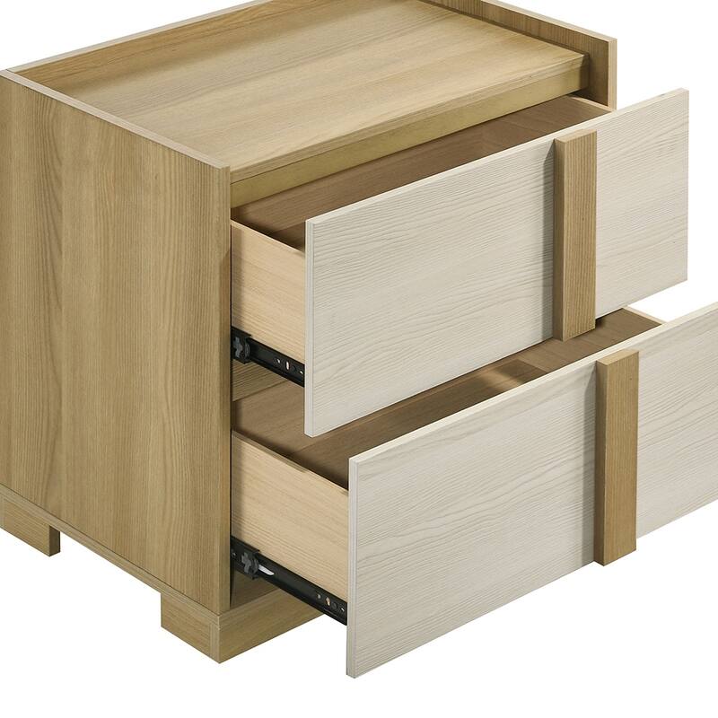 Natural Wood 2-Drawer Nightstand with White Melamine Panels