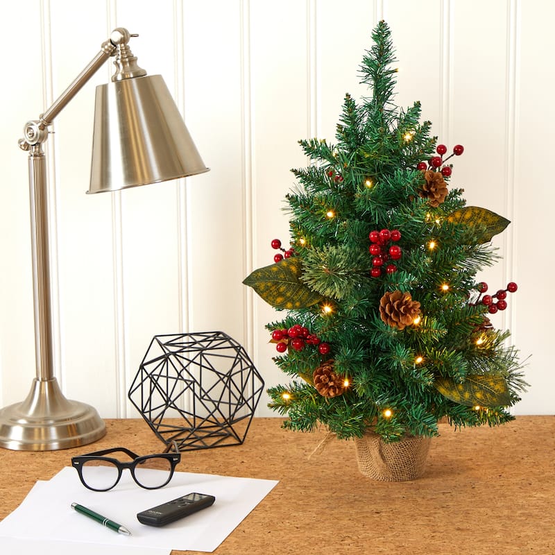 2ft. Pine, Pinecone & Berries Artificial Christmas Tree with 35 LED Lights & 86 Branches - Compact Holiday X-Mas Accent