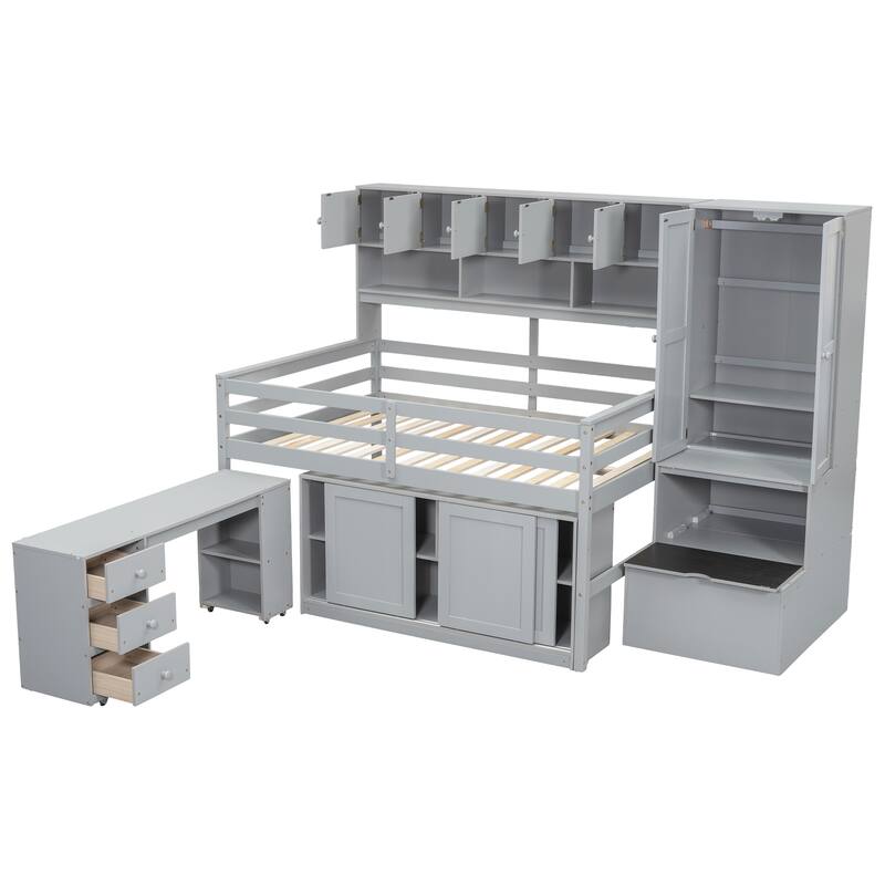 Gray Full Size Wooden Loft Bed with Integrated Wardrobe, Under-bed Desk, Drawers, with Shelves