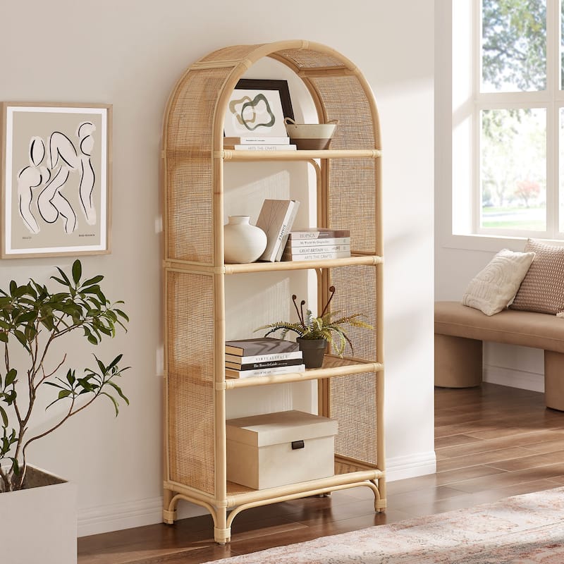 Celeste 67 Inch Tall Arched Natural Rattan Bookshelf - Natural