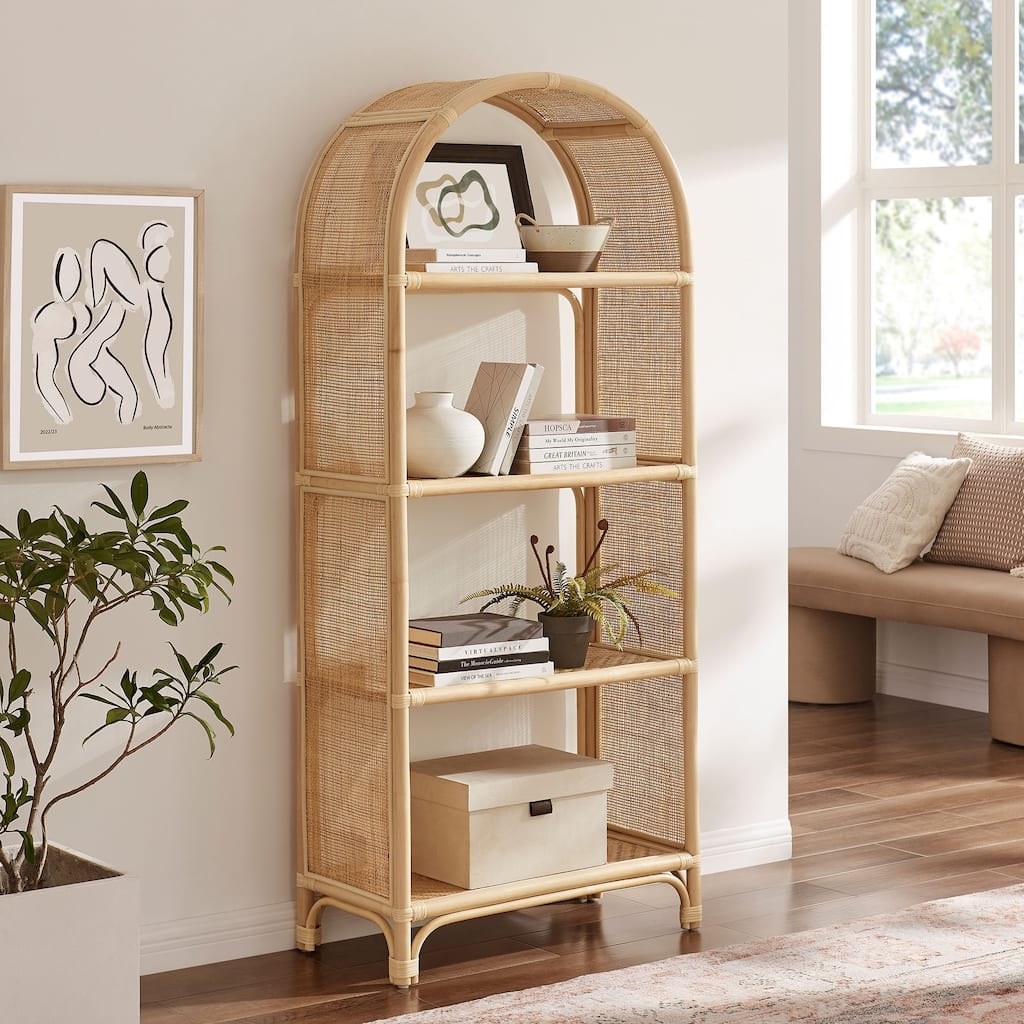Celeste 67 Inch Tall Arched Natural Rattan Bookshelf