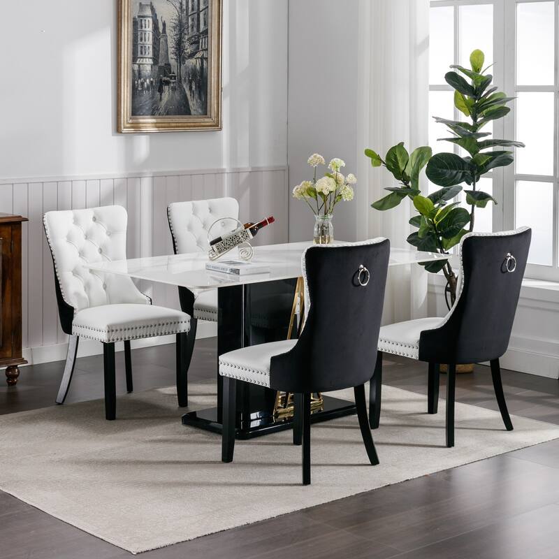 Set of 2 PU and Velvet Upholstered Dining Chairs with Nailhead Trim and Wooden Legs