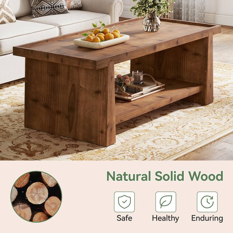 47" Solid Wood Coffee Table with 2-Tier Storage for Living Room
