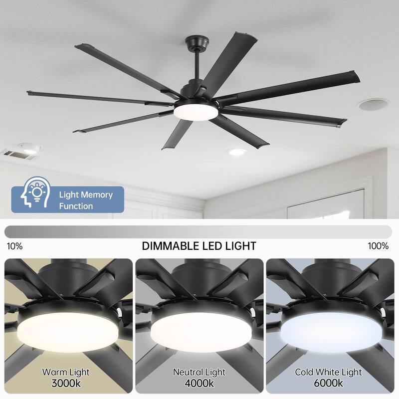 52 Inch/66 Inch/72 Inch Modern Ceiling Fan with Dimmable LED Light ,Remote&APP Control,8 Blades for Large Living Room,Porch