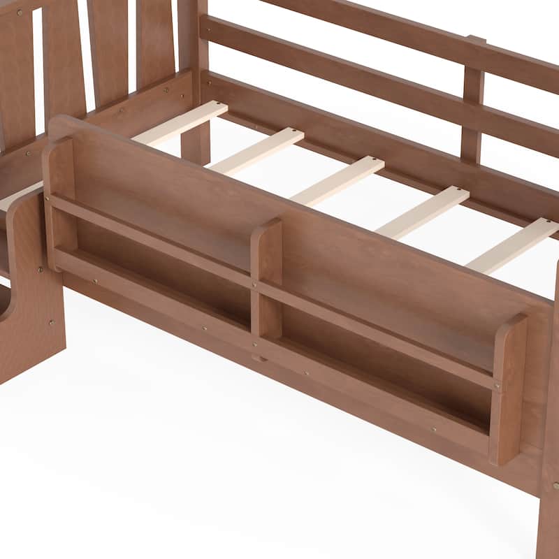 Full/Twin Floor Bed with Storage Bookcases & Cute Stairs - Solid Wood Kids Bed, No Box Spring