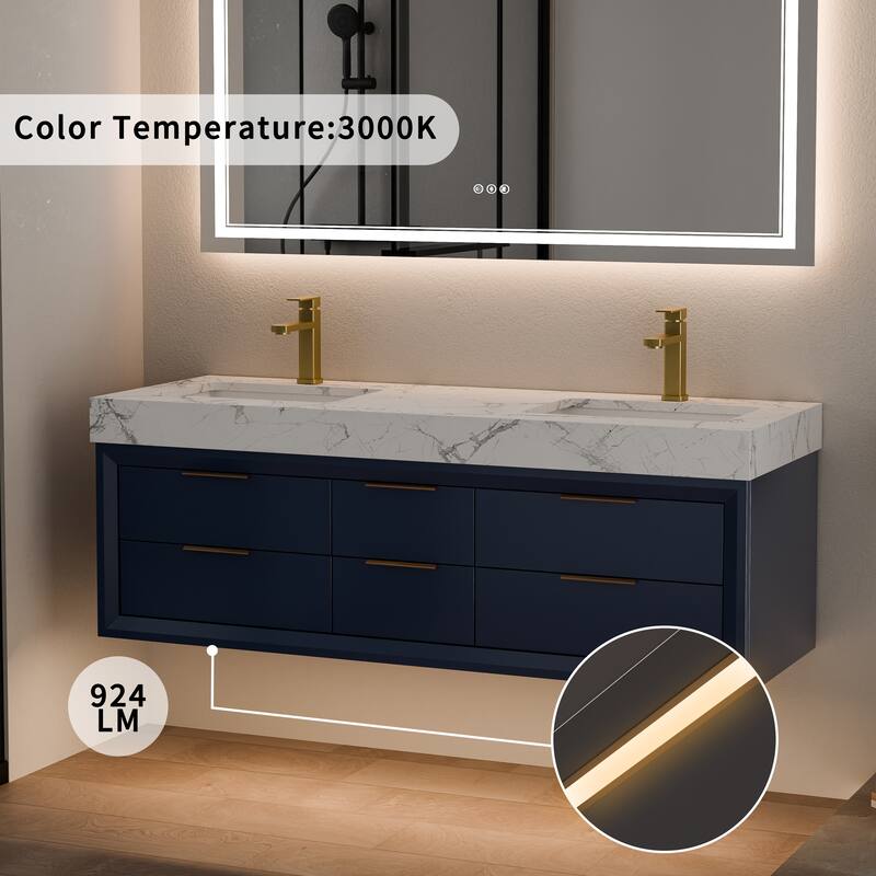 60" Wall-Mount Double Vanity with LED Light. - 60 inch
