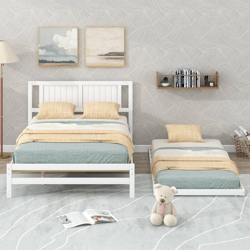 Full Bed with Adjustable Trundle, Solid Wood Platform Bed for Small Spaces