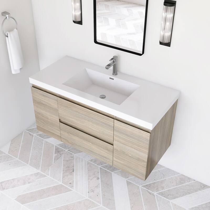 Modern Wall-Mounted Bathroom Vanity with White Solid Surface Top