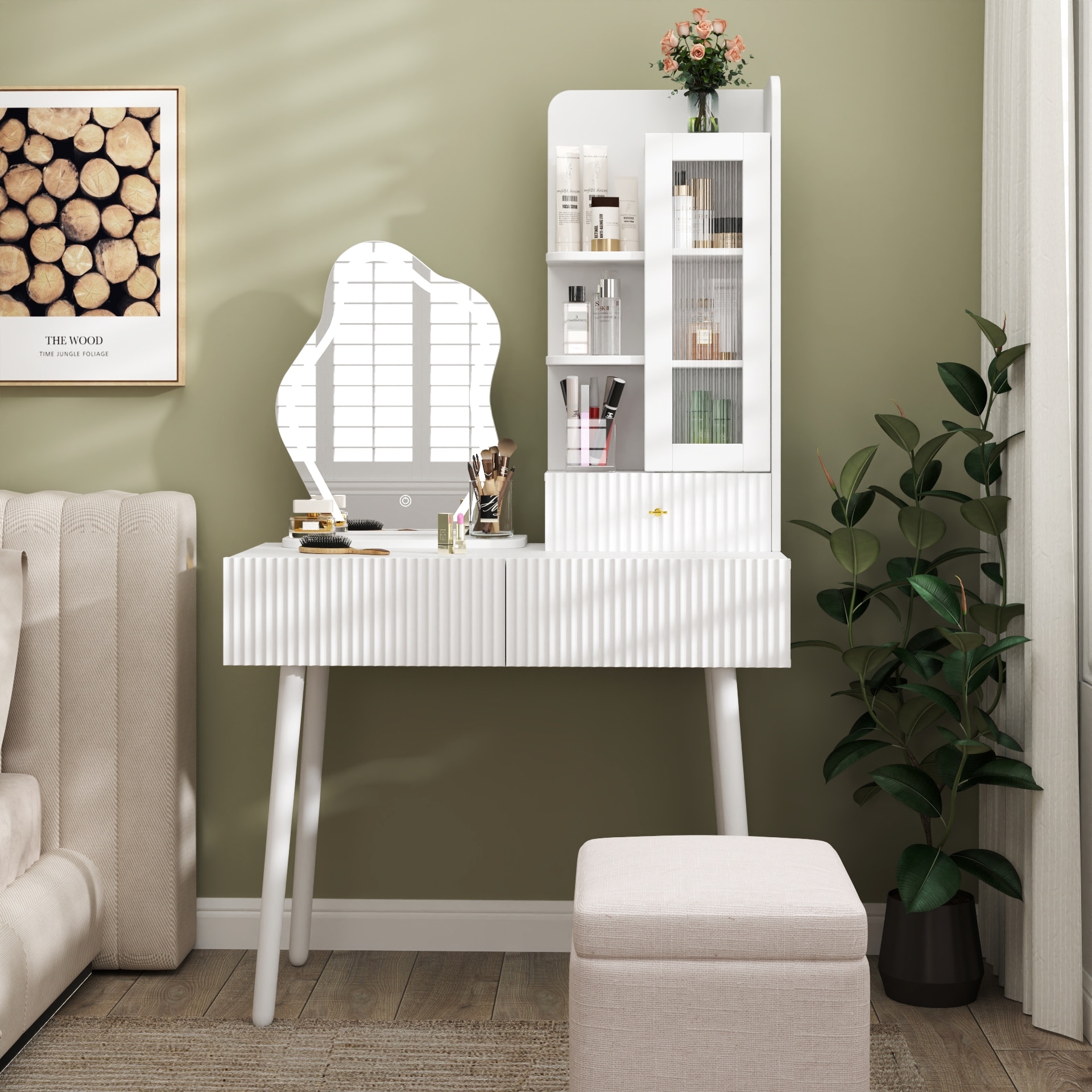 Small Makeup Vanity Desk with Mirror & Adjustable LED Lights, Built-in Power Outlet & Hidden Storage, Includes padded stool