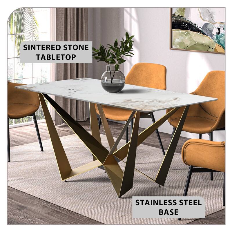 Nuvor Rectangular Sintered Stone or Glass Tabletop Dining Table with Powder-Coated Gold Steel Base for Kitchens & Dining Rooms