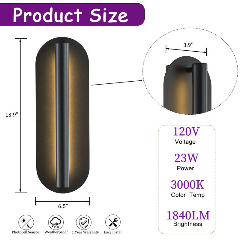 Oval Matte Black Wall Sconce with Acrylic Shade Modern Dusk to Dawn Outdoor Wall Light Waterproof Exterior Light Fixture(2 Pack)