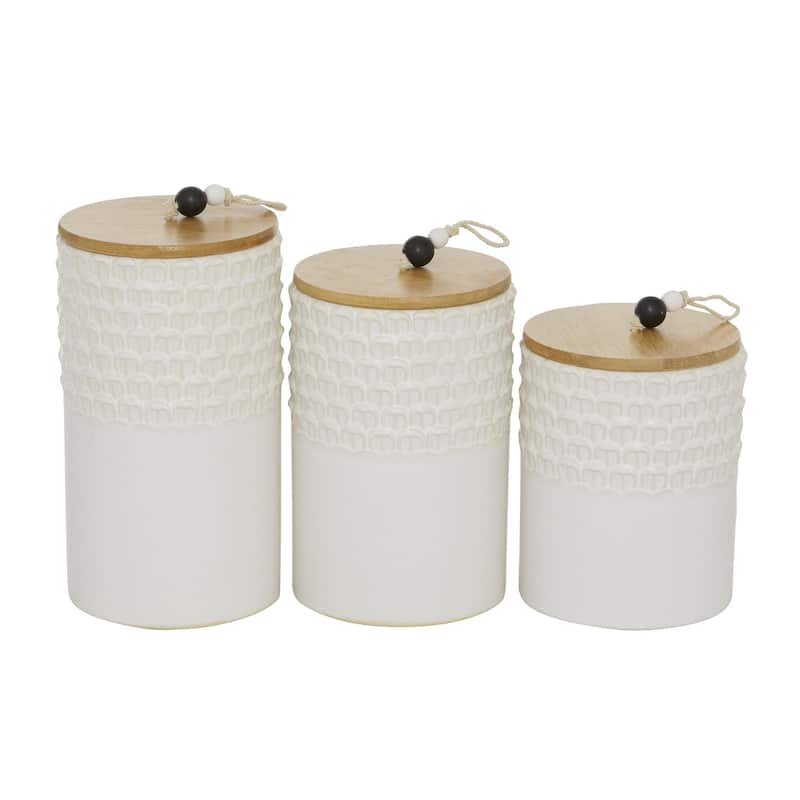 Ceramic Textured Living Room Decorative Jars with Wood Lids and Beaded Accents - Set of 3 White - Roche River Decor - White