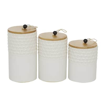 Ceramic Textured Living Room Decorative Jars with Wood Lids and Beaded Accents - Set of 3 White - Roche River Decor