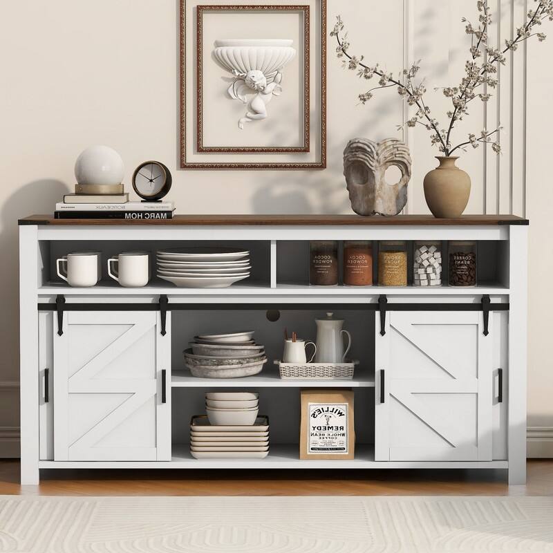 Farmhouse 59.3" Sideboard Buffet with Sliding Barn Doors and Open Storage for Living or Dining Spaces