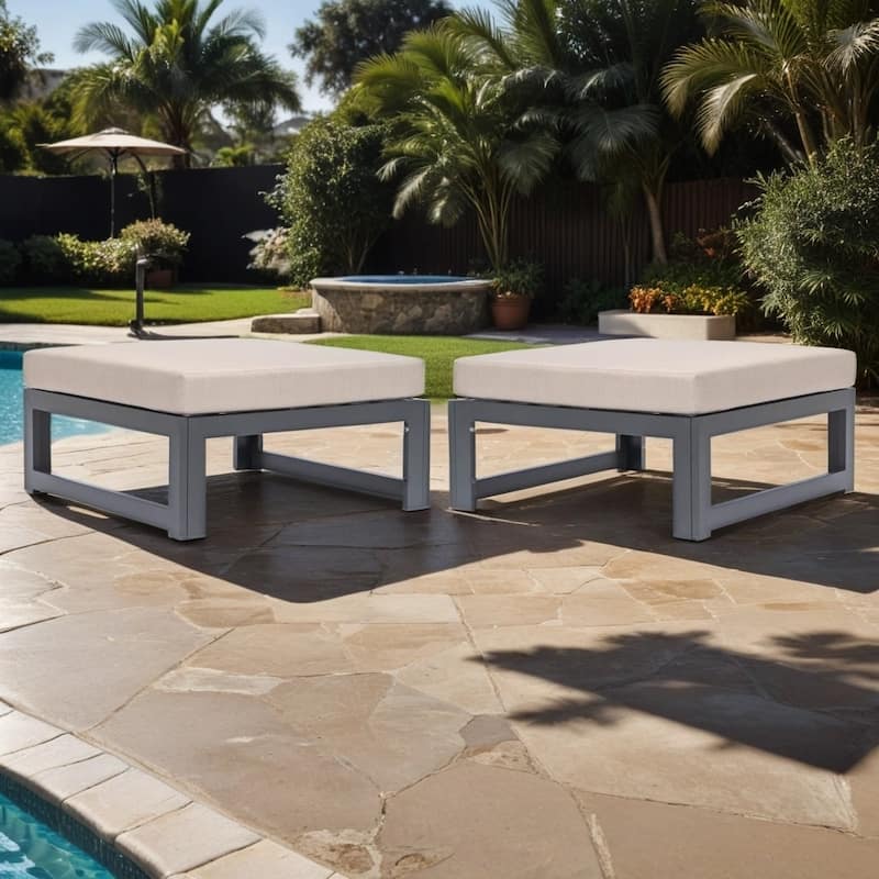 Chelsea Patio Ottoman in Black Aluminum with Cushions Set of 2 by LeisureMod
