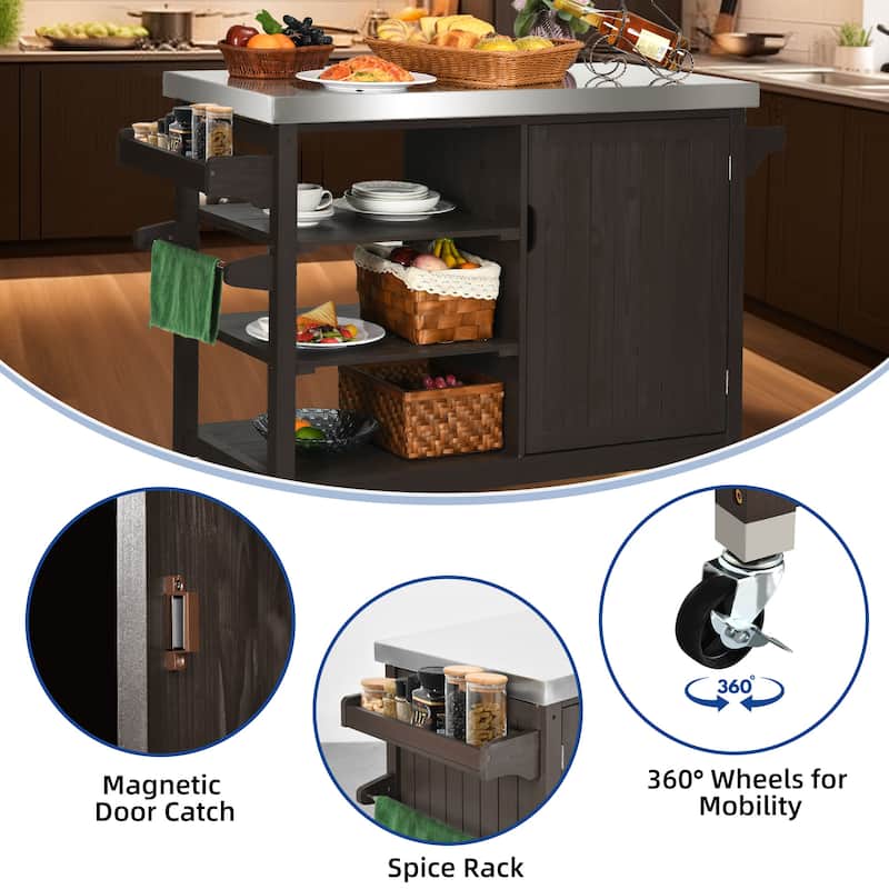 Moasis Solid Wood Bar Cart Grill Table Stainless Steel Top for Patio Kitchen Island