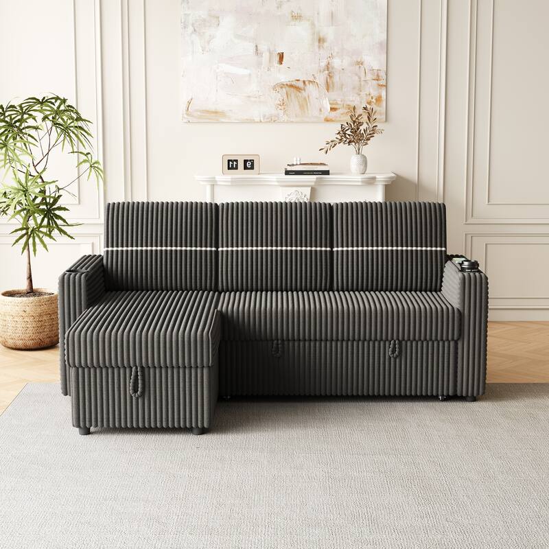 Corduroy Sleeper Sofa Bed with Storage Chaise, Dual Cup Holders, and USB Charging Port Convertible Couch for Living Room