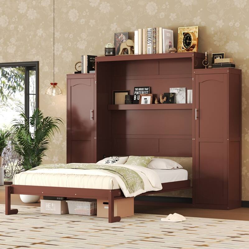 Modern Murphy Bed with Two Wardrobe and Storage Shelf - Walnut - Queen