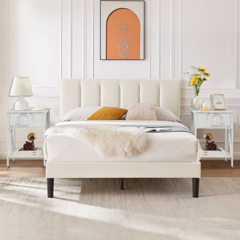 VECELO 3-Pieces Tufted Upholstered Beige Platform Bed Frame with Adjustable Height Headboard and Nightstands Set of 2 - White - Full