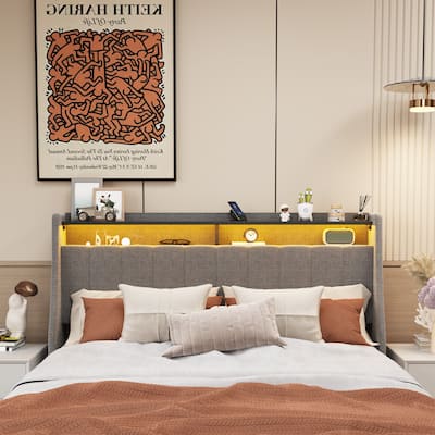 Full Size Bed Frame with LED, 4 Under-bed Portable Storage Drawers, Wings Headboard Design, Light Grey