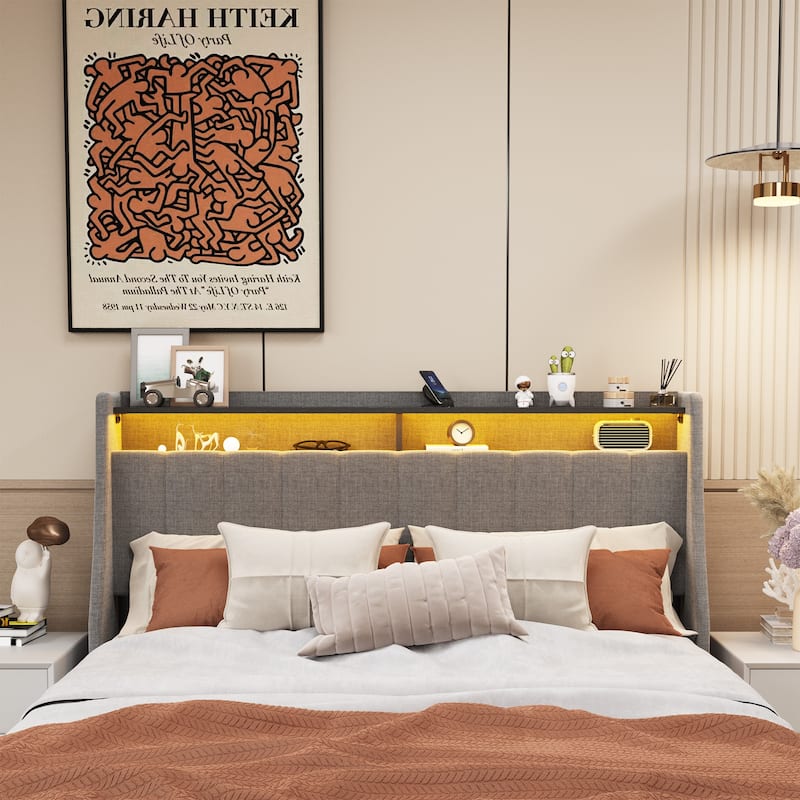 Full Size Bed Frame with LED Lights and 4 Storage Drawers for Master Bedrooms, Guest Rooms - Upholstered Design