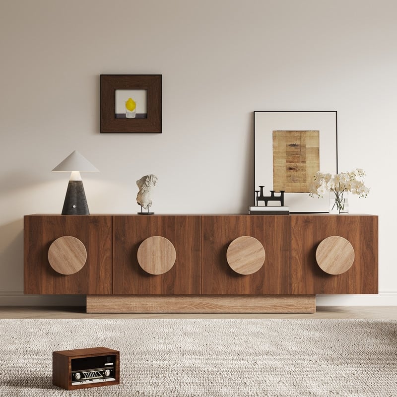 71" Modern Walnut TV Stand with Storage Cabinets & Round Handles, Media Console Entertainment Center for Living Room
