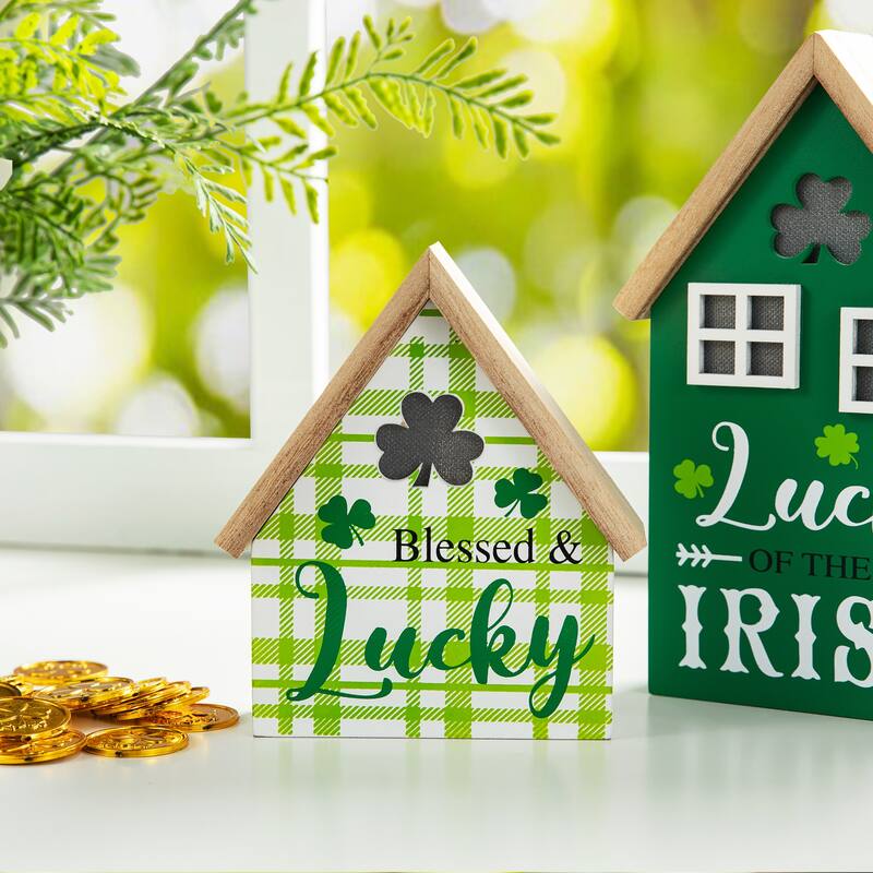 Glitzhome 8.5"H Set of 2 Lighted St. Patrick's Wooden House-shaped Table Decor