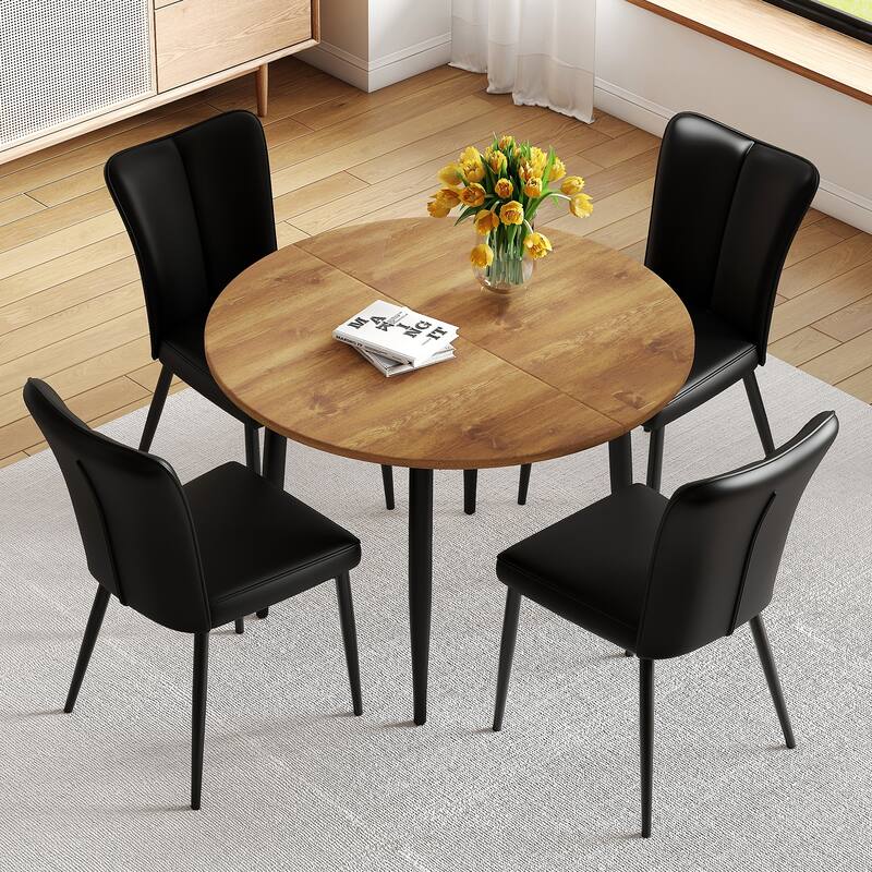 5-Piece Modern Extendable Dining Table Set, MDF Wood Table & 4 PU Chairs for Flexible Gatherings
