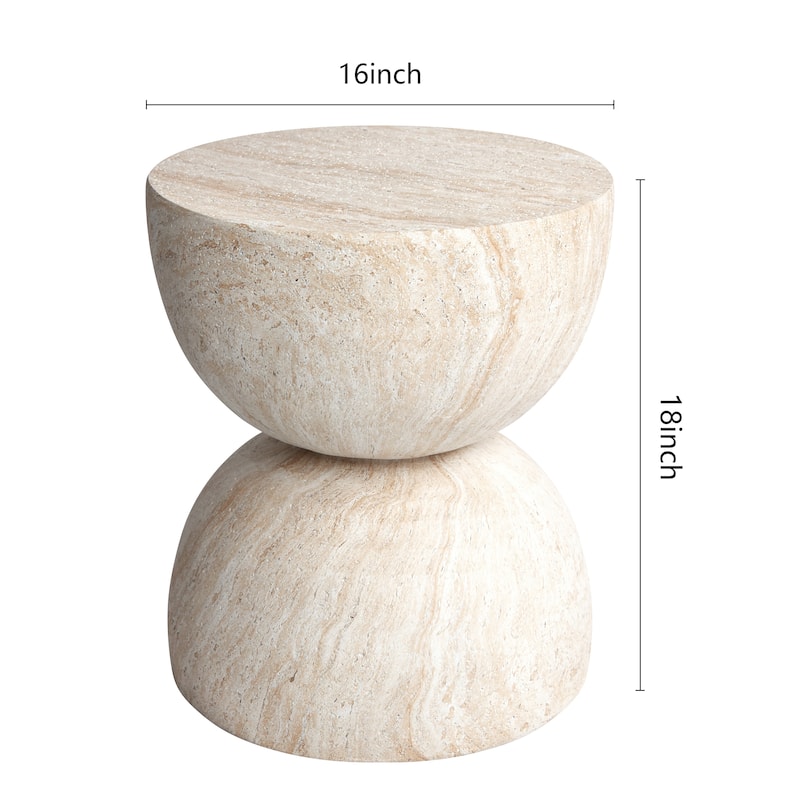 Double Hourglass Travertine Stone Finish Italian Design MgO Side Accent Table - 15.7x15.7"x18.5"