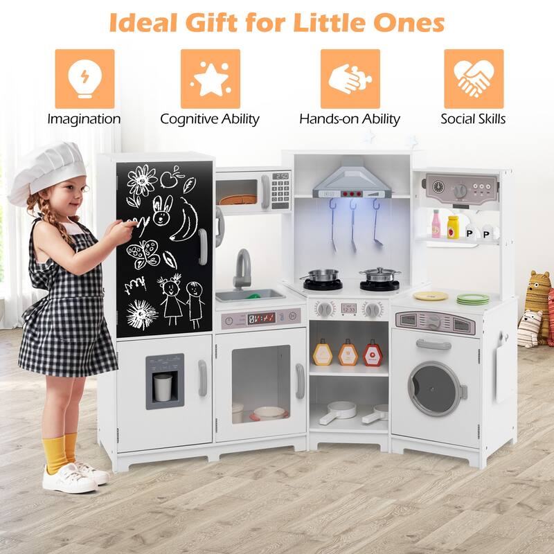 Gymax Corner Kids Play Kitchen Wooden Pretend Toy Kitchen w/ Realistic