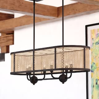 Berens 6L Matte Black Farmhouse Linear Chandelier Island Pendant Light Fixture Rattan Cane - 36-in W x 15.25-in H x 13-in D