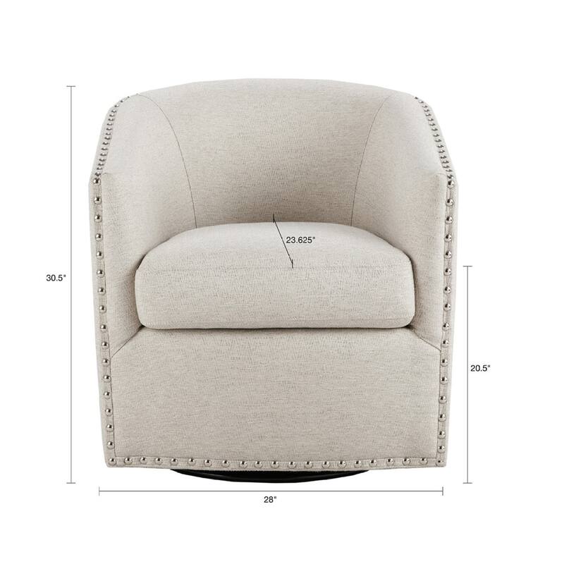 Roomfitters Swivel Accent Chair, Upholstered Barrel Armchair with 360 Degree Metal Base and Nailhead Trim