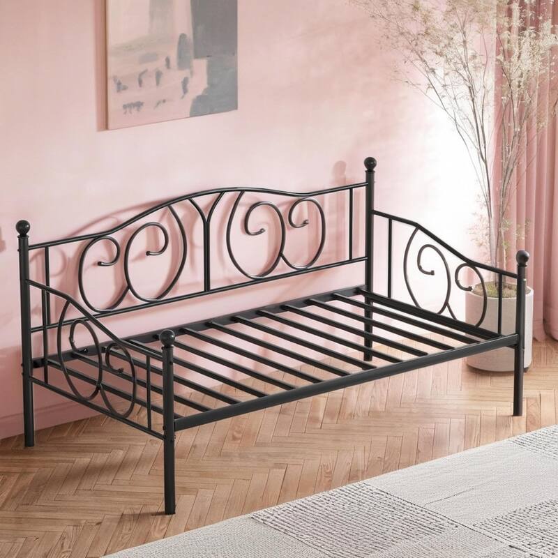VECELO Metal Twin Size Daybed with Roman Column Legs Scroll Design Heavy Duty 350 lbs Capacity Sofa Bed for Living Room