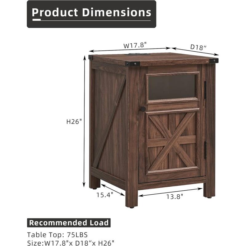 Farmhouse Nightstand with Charging Station, End Table with Barn Door