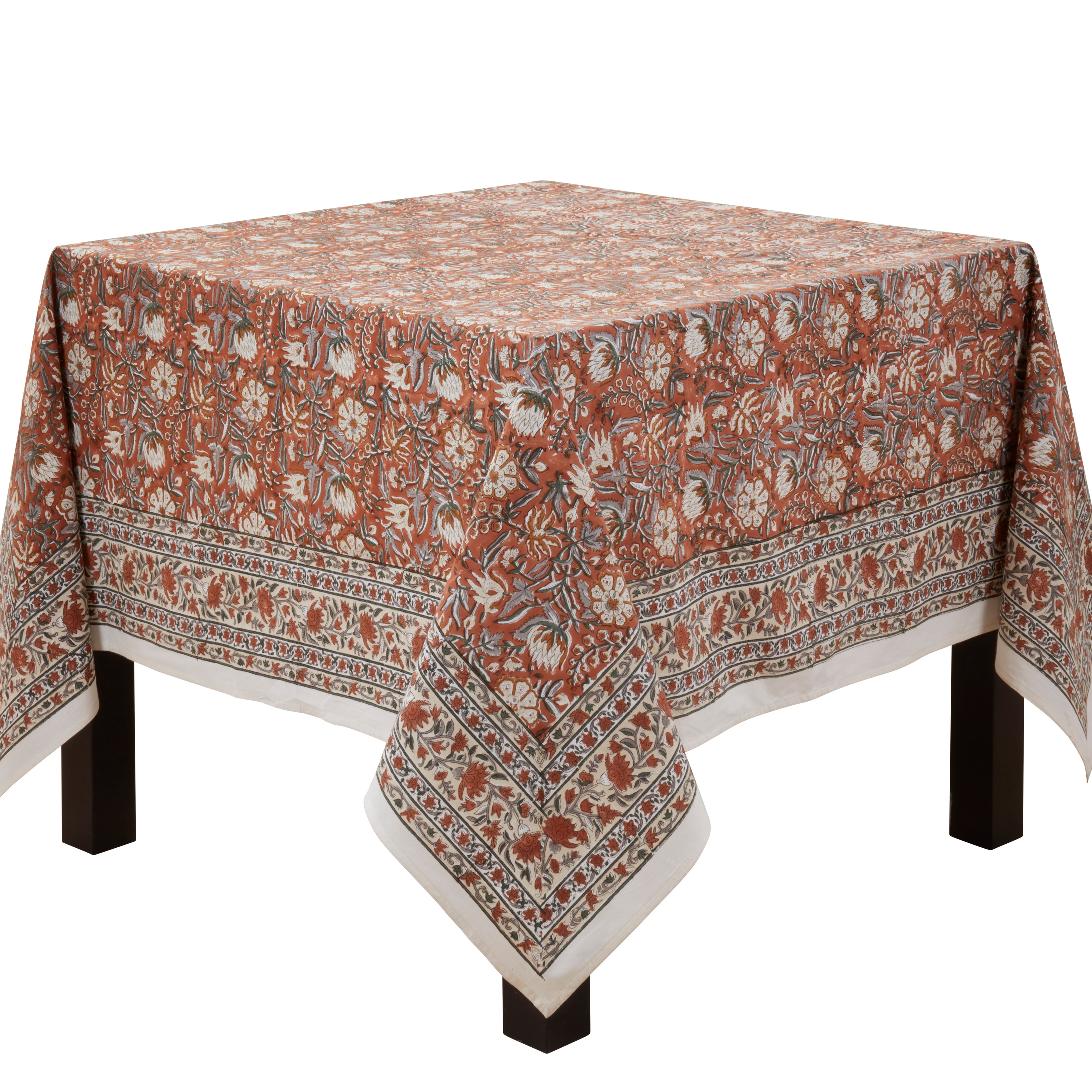 Rustic Botanical Tablecloth - Vintage Floral Block Print Tablecloth for Farmhouse Dining & Entertaining