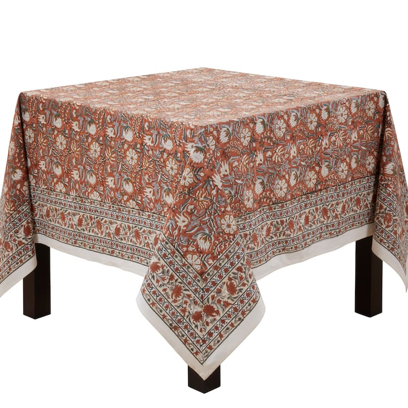 Timeless Printed Floral Tablecloth with Coordinating Border Detail for Refined Everyday Dining and Entertaining - 70" - 70" - Rust