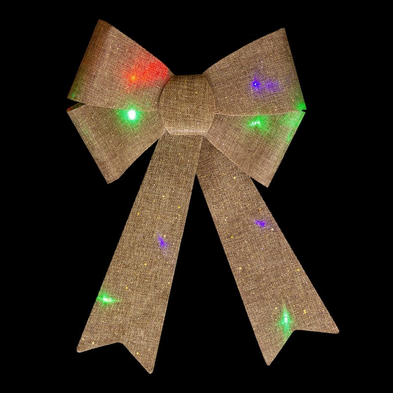 16" LED Lighted Glitter Burlap Bow Christmas Decoration with Color Changing Lights