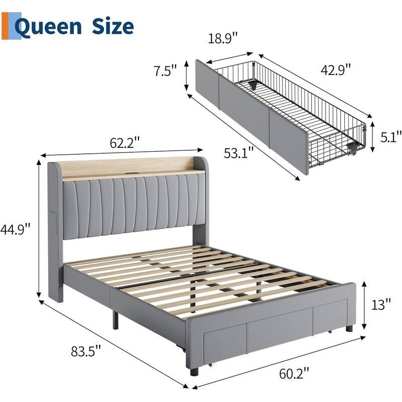 Upholstered Platform Beds with Drawers, Storage Headboard, Charging Station, Grey