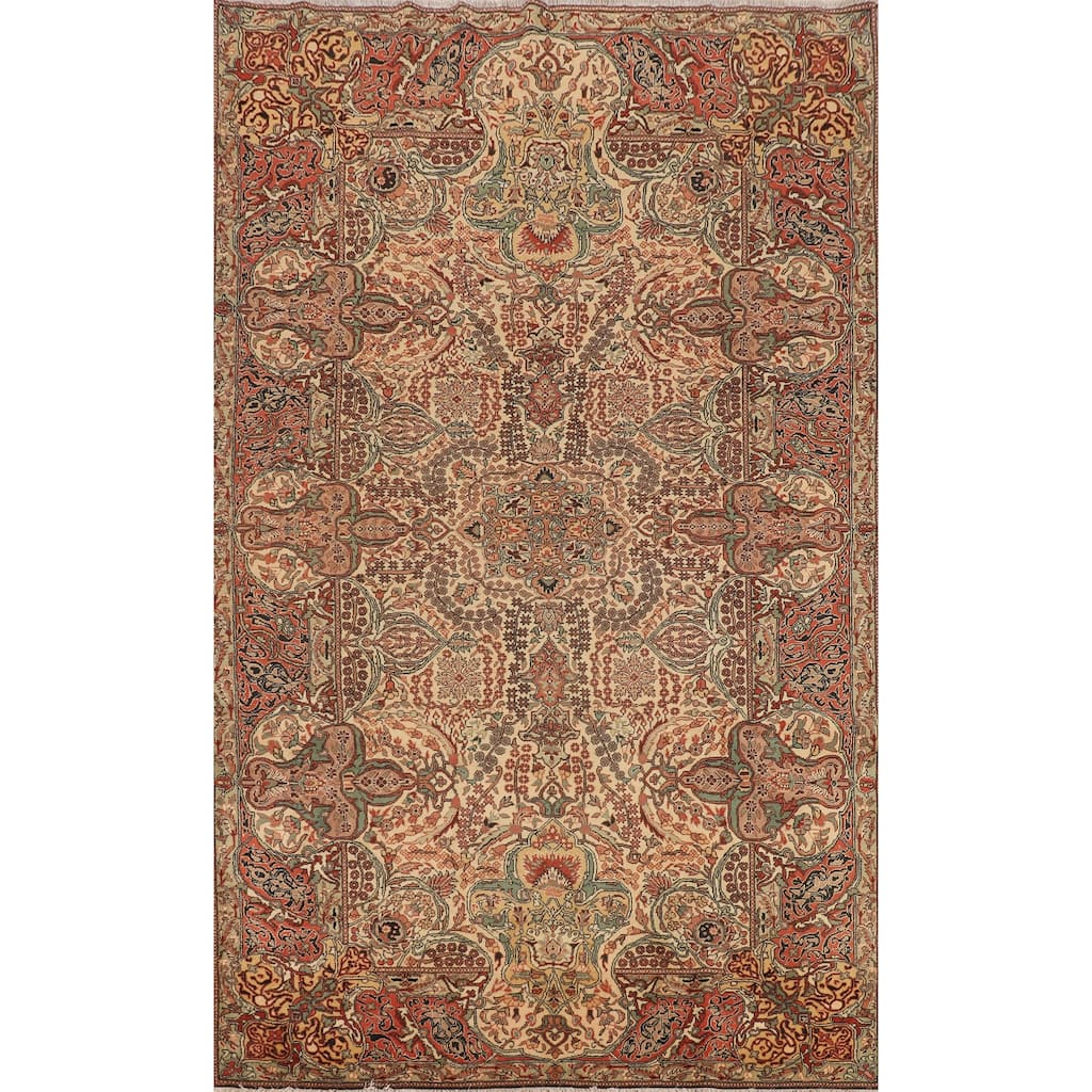 Beige Floral Anatolian Turkish Vintage Rug Hand-Knotted Wool Carpet - 6'7" X 10'5"