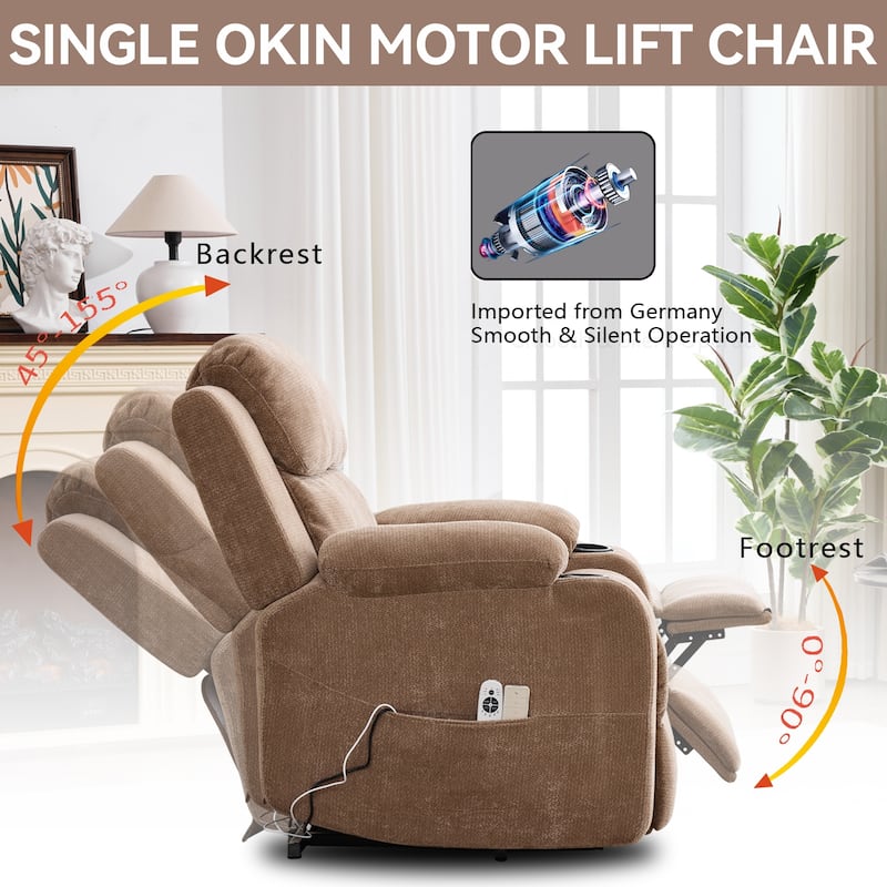 Chenille Power Lift Recliner Chair, Heavy Duty Recliner Chair with Heat & Massage, Lounge Chair with USB Ports & Cup Holders