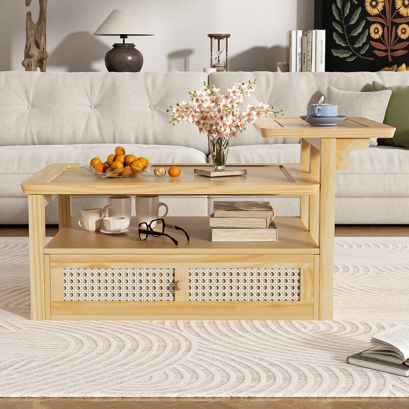 Coffee Table with 1 Storage Shelf and 1 Rattan Drawer