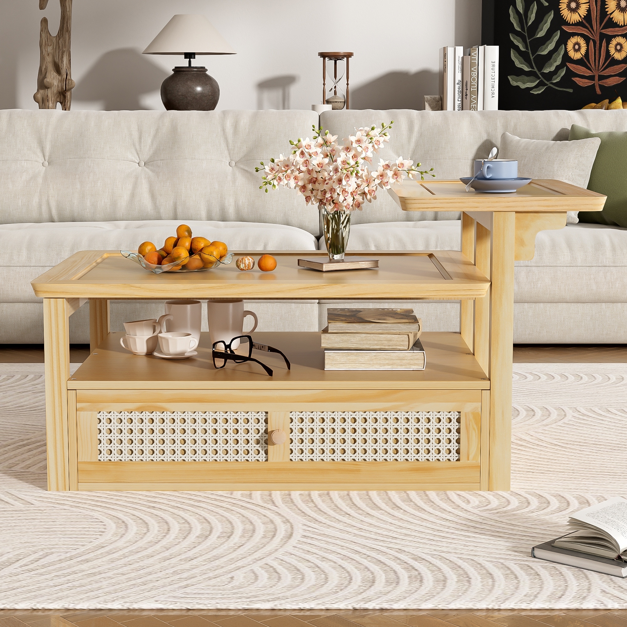 Rustic Nested Dual Coffee Table with Rattan Drawer, Home Wood Tea 