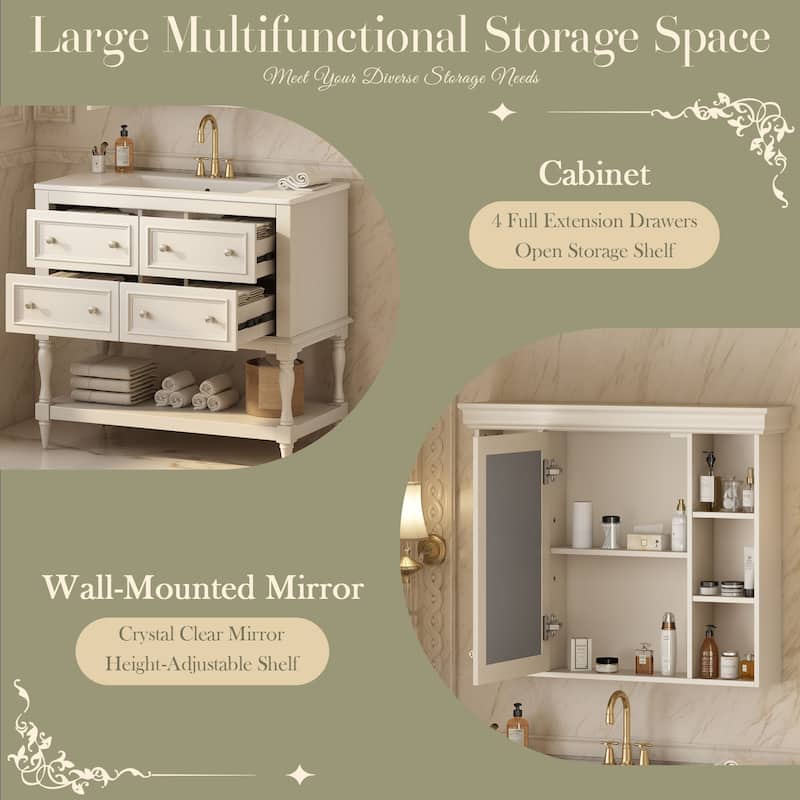 36'' Bathroom Vanity with Top Sink, Freestanding Vanity Set with Mirror Cabinet