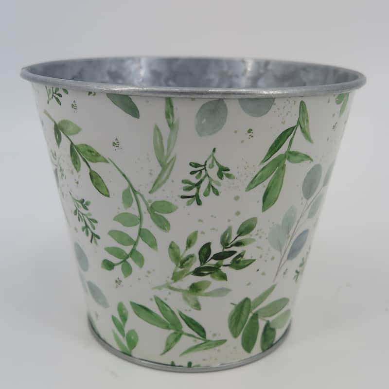 White With Green Leaves Bucket Shaped Metal Planter