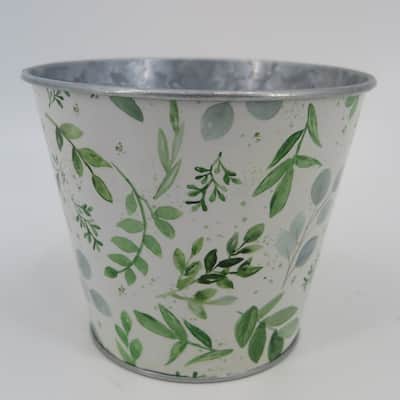 White With Green Leaves Bucket Shaped Metal Planter